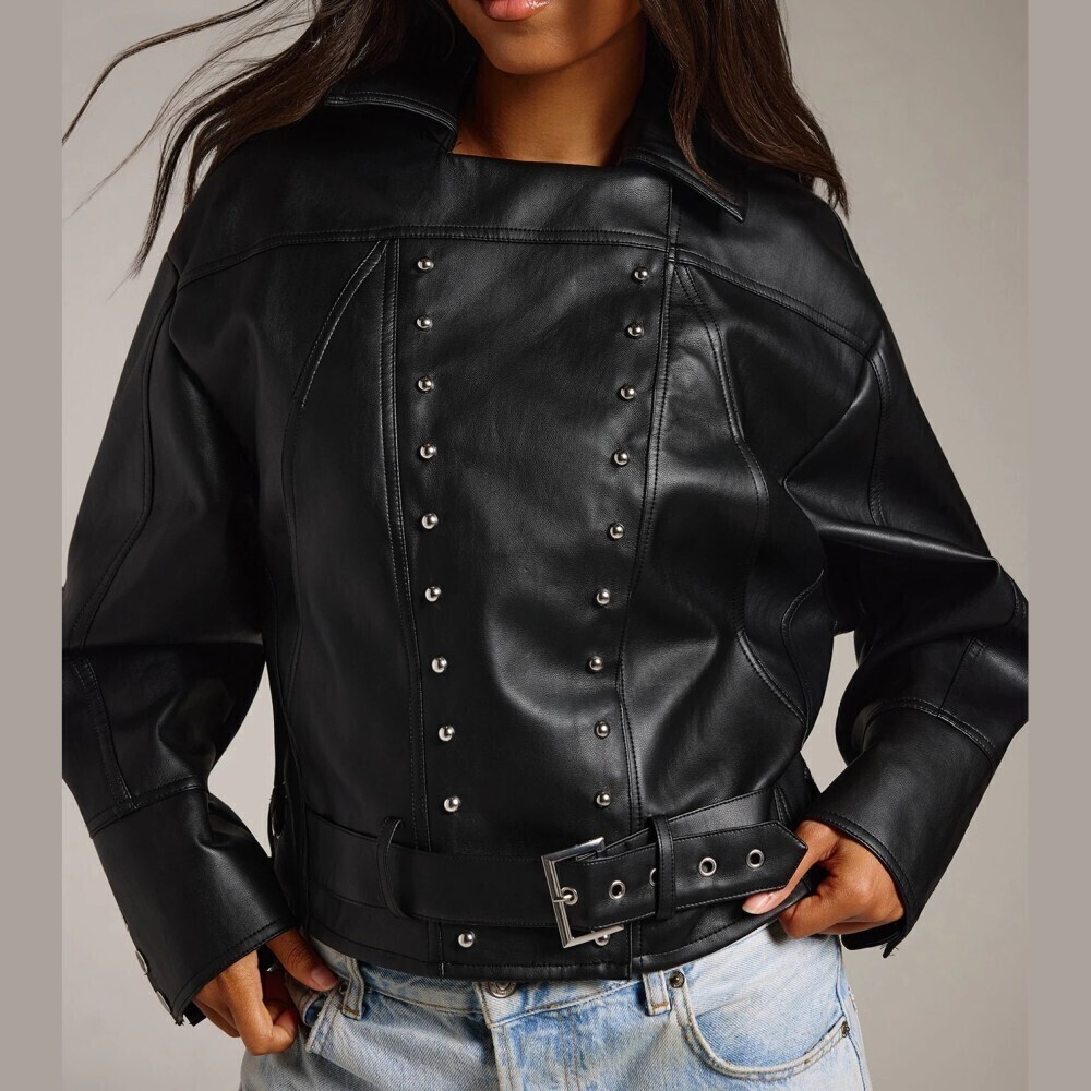 Black Faux Leather Belted Collar Cropped Trench Aviator Jacket